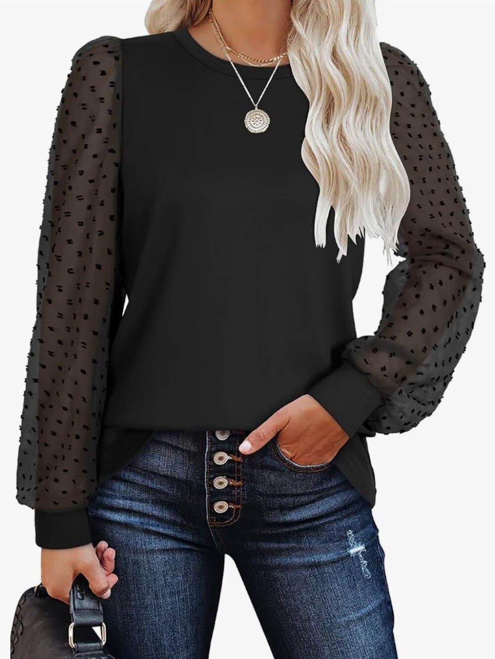 Black Sheer Dot-Sleeve Crewneck Top